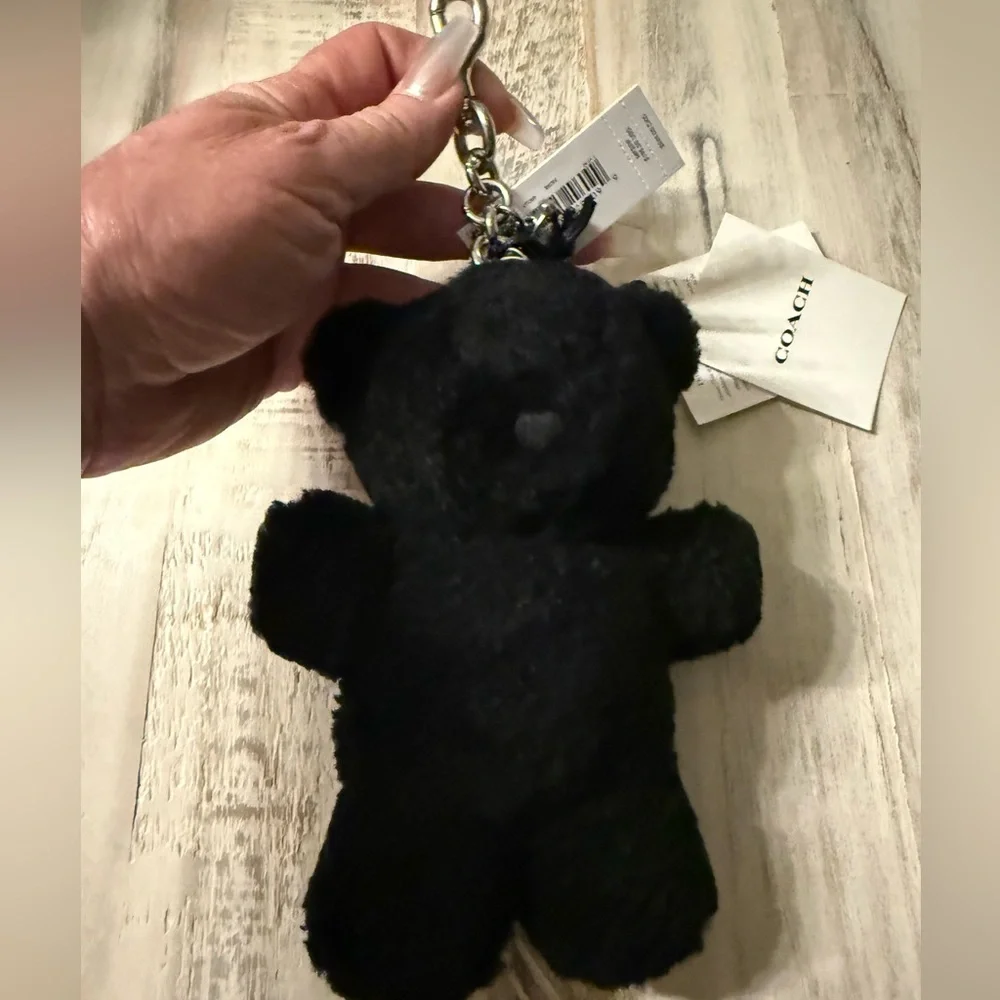 Coach Black Shearling Teddy Bear Bag Charm Keyring with Silver Hardware NWT